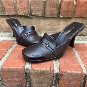 Vintage Y2K Nine West Dark Brown Leather Backless Heeled Loafer Mules Size 8.5